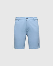 The MENS SHIRO KNIT HONEYCOMB SHORT - B6R585F200 from Psycho Bunny are light blue tailored shorts with belt loops, a front button closure, side pockets, and an embroidered bunny near the hem. Photographed against a plain white background, they're ideal for any occasion.