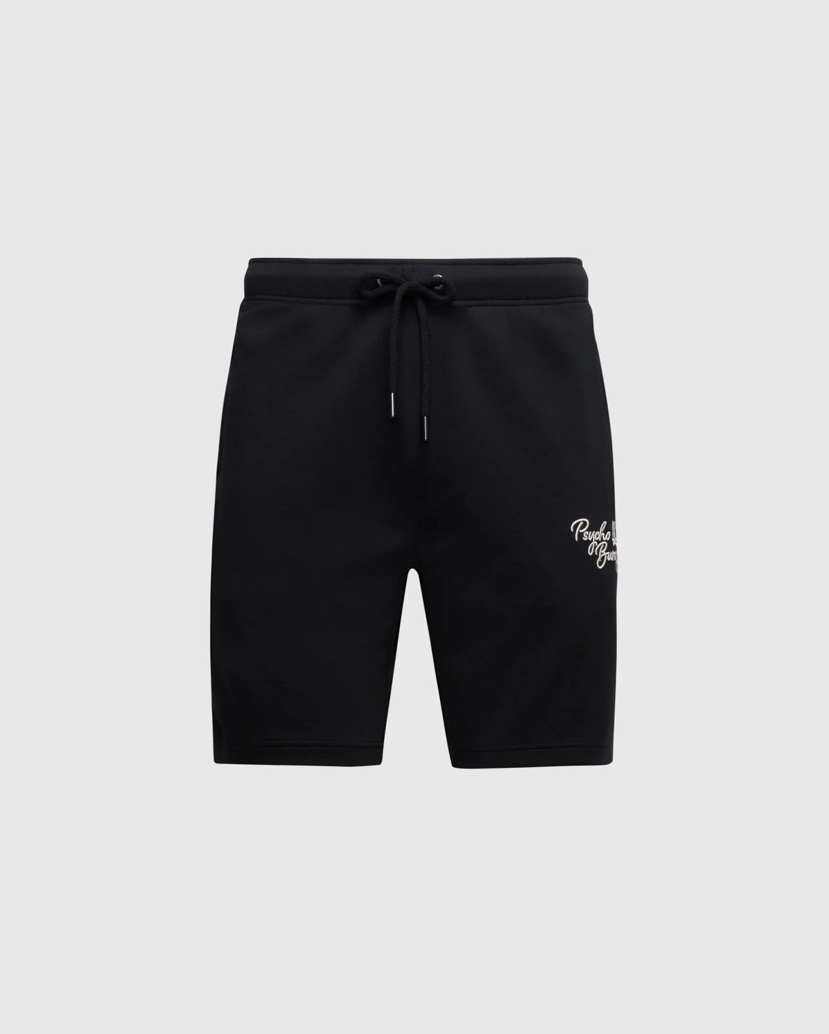 Psycho Bunny MENS DESERT EMBROIDERED SWEATSHORT (B6R617F200) in black modal-blend, featuring a drawstring waist and small white script logo on the left thigh against a plain gray background.