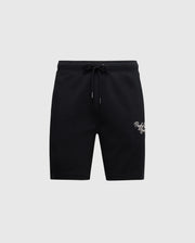Psycho Bunny MENS DESERT EMBROIDERED SWEATSHORT (B6R617F200) in black modal-blend, featuring a drawstring waist and small white script logo on the left thigh against a plain gray background.