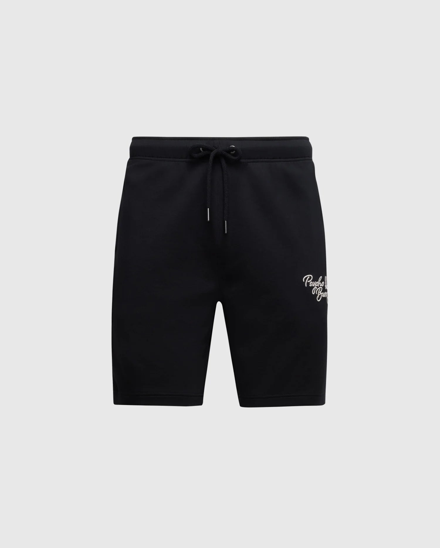 Psycho Bunny MENS DESERT EMBROIDERED SWEATSHORT (B6R617F200) in black modal-blend, featuring a drawstring waist and small white script logo on the left thigh against a plain gray background.