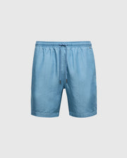 Light blue MENS KERVIN LIGHTWEIGHT DENIM WOVEN SHORTS by Psycho Bunny, displayed on a white background. These knee-length shorts, model B6R633F200, boast an elastic waistband and playful embroidered bunny.