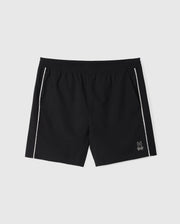 Psycho Bunny's MENS MANSFIELD SPORT SHORT - B6R807D200 in black, featuring white piping down the sides, comes with an elastic waistband and a small bunny emblem at the bottom corner. Made from durable polyester, these regular-fit shorts contrast sharply against a plain white background.