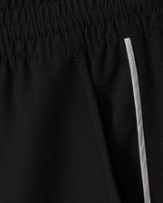 Here is a revised version of the sentence using the given product data:

A close-up of Psycho Bunny's MENS MANSFIELD SPORT SHORT - B6R807D200 in black, showcases an elastic waistband, side pocket, and a white stripe along the side. Made from polyester for a textured yet smooth look, these shorts provide a regular fit ideal for any active lifestyle.
