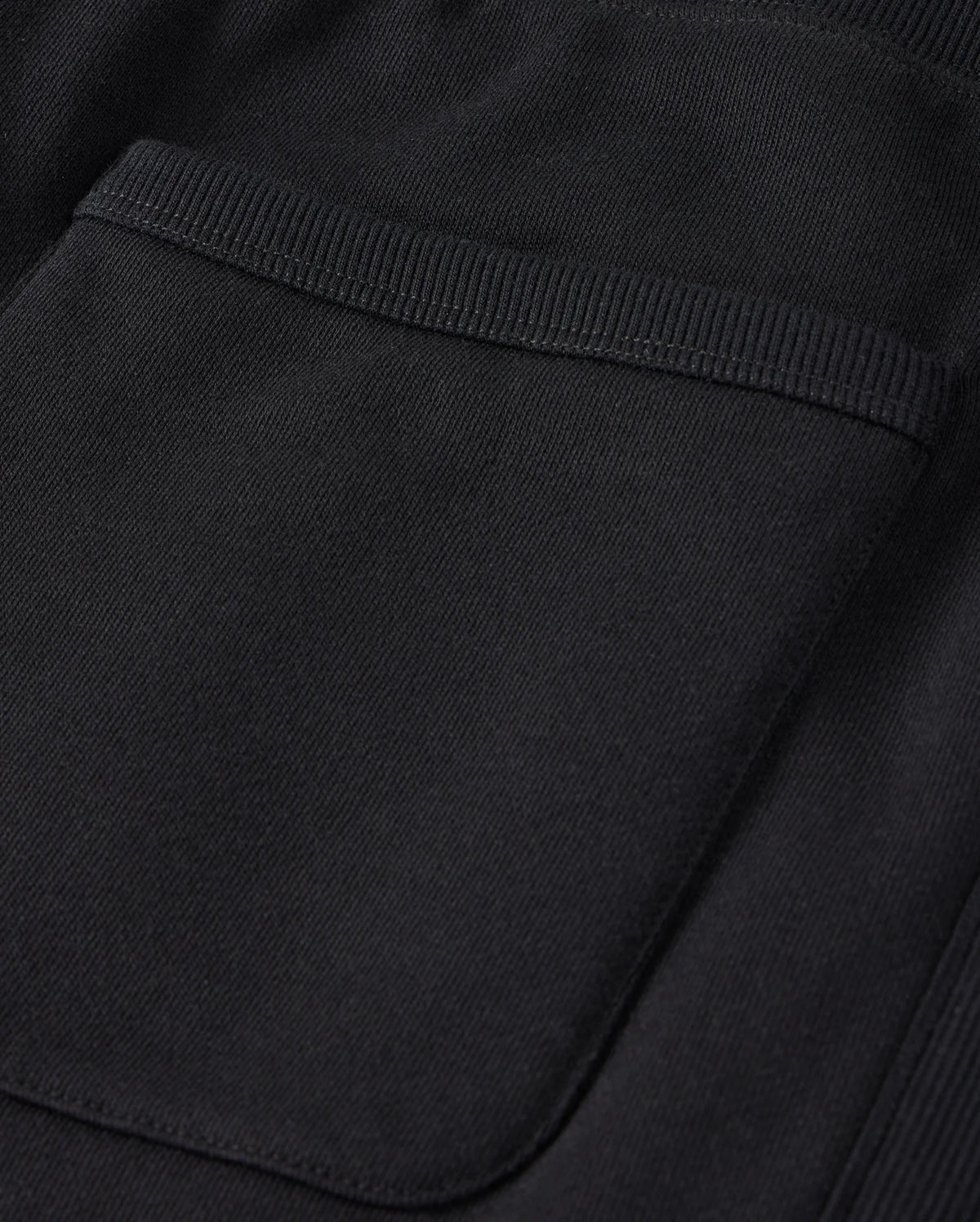 Close-up of the Psycho Bunny MENS LEVY FLEECE SWEATSHORT - B6R862D200 in black cotton, showcasing a detailed pocket with ribbed edges. The visible stitching highlights the texture and craftsmanship that ensures everyday comfort.