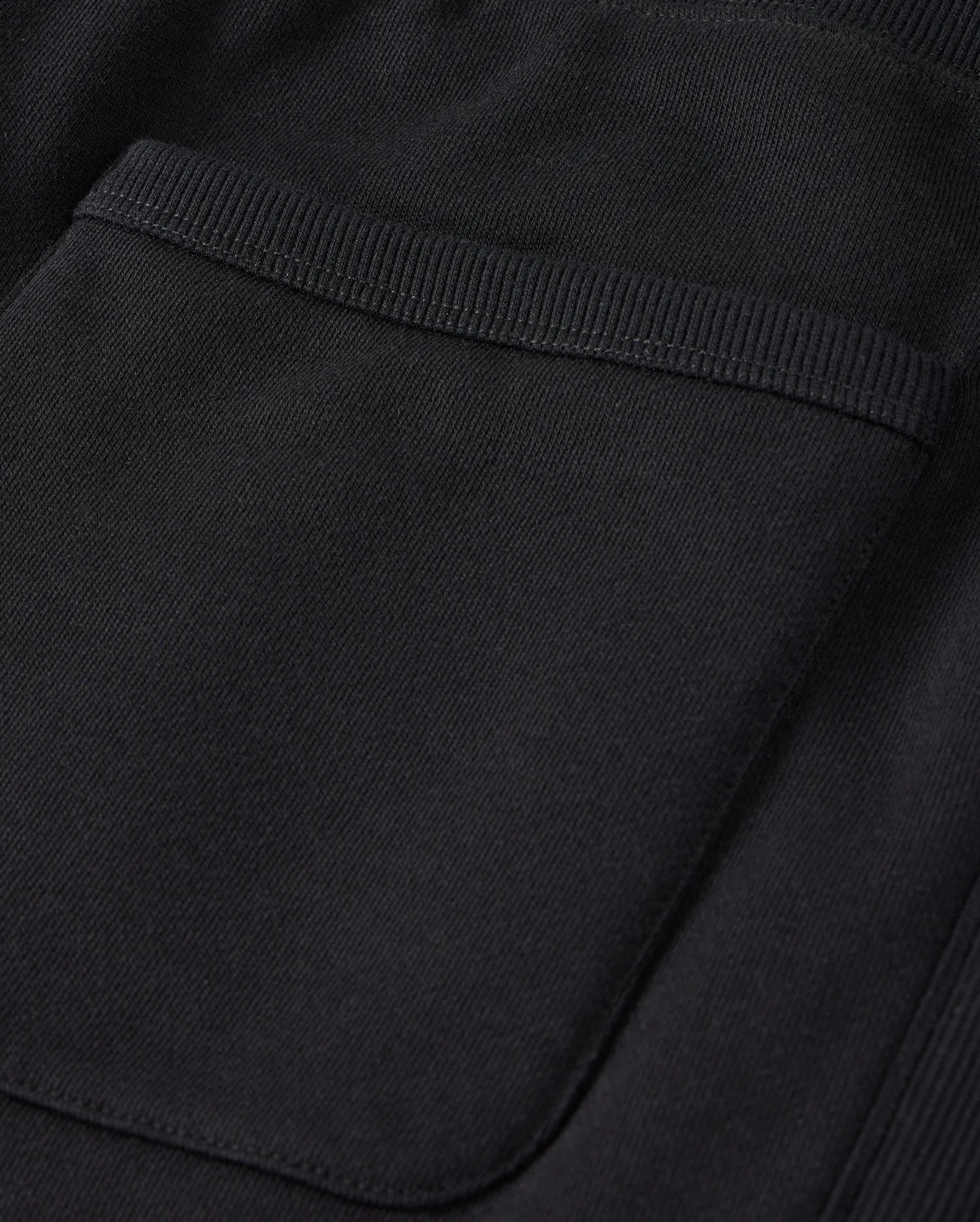 Close-up of the Psycho Bunny MENS LEVY FLEECE SWEATSHORT - B6R862D200 in black cotton, showcasing a detailed pocket with ribbed edges. The visible stitching highlights the texture and craftsmanship that ensures everyday comfort.
