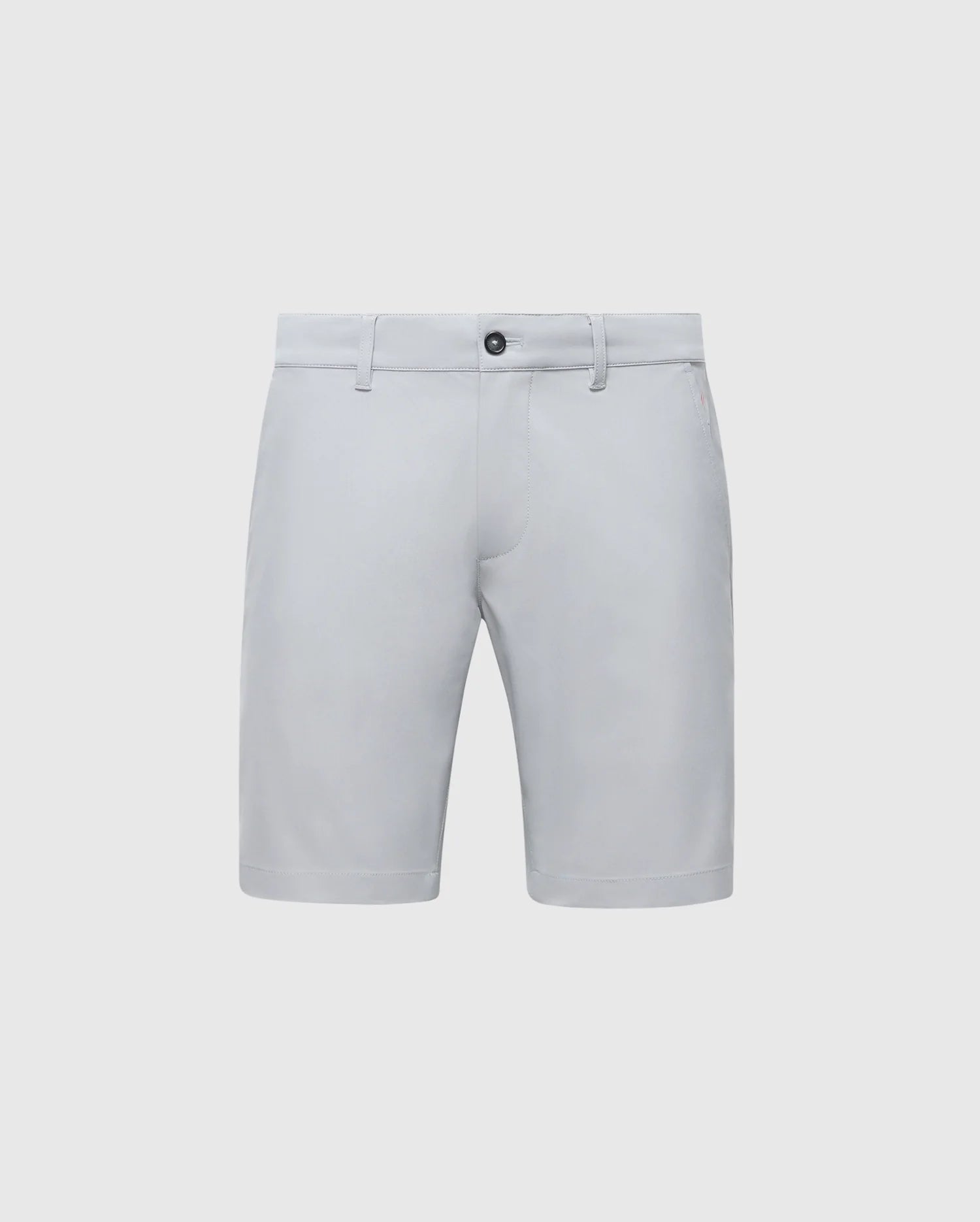 The Psycho Bunny MENS 10K STEP SHORT - B6R969F200 are light gray breathable shorts with side and back pockets, belt loops, and a front button closure, perfect for athletic breathability. Displayed against a plain background.