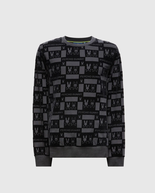 The Men's Romeo Lightweight Sweatshirt - B6S129E200 by Psycho Bunny is a fashionable black crewneck, adorned with a repeating bunny skull pattern and the words "Psycho Bunny" in a checkered design. It features solid black cuffs, collar, and hemline for a sleek finish.