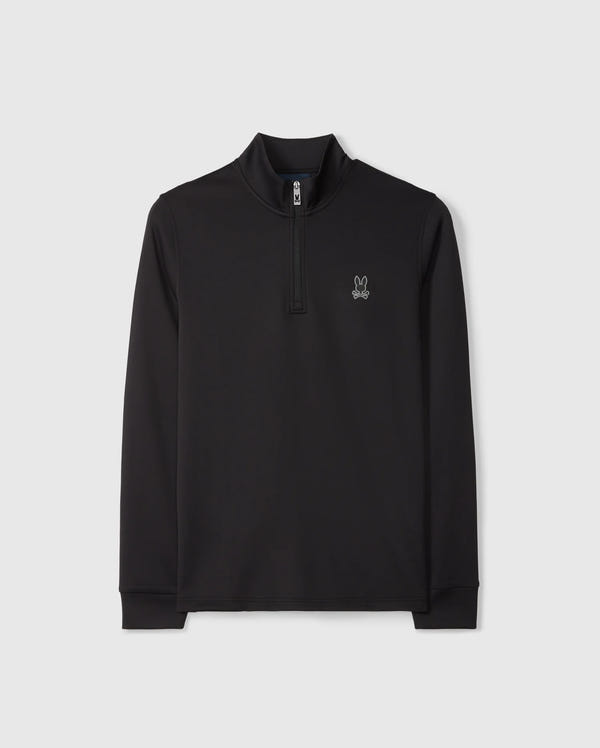 This Psycho Bunny MENS LAURIER 1/4 ZIP HOODIE - B6S149D200 showcases a sleek athleisure design with its black long-sleeve pullover style, crafted from plush cotton jersey. It includes a short zipper at the neckline and is accented by a subtle white bunny logo on the left chest. The hoodie is displayed flat against a plain white background.