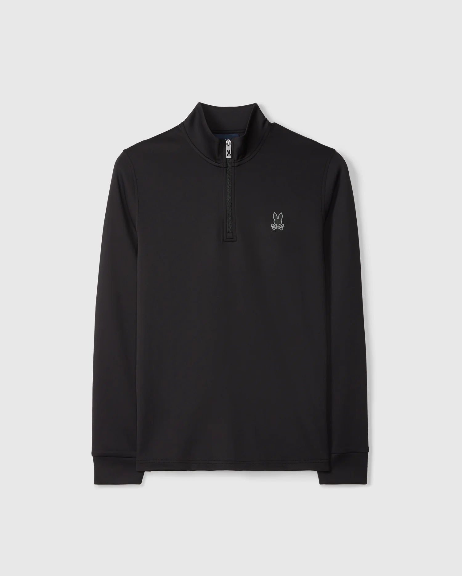 This Psycho Bunny MENS LAURIER 1/4 ZIP HOODIE - B6S149D200 showcases a sleek athleisure design with its black long-sleeve pullover style, crafted from plush cotton jersey. It includes a short zipper at the neckline and is accented by a subtle white bunny logo on the left chest. The hoodie is displayed flat against a plain white background.