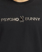 Close-up of the MENS LAVETA FRENCH TERRY SWEATSHIRT - B6S159E200 in black, featuring "PSYCHO BUNNY" in metallic silver with a small bunny logo and ears between the words.