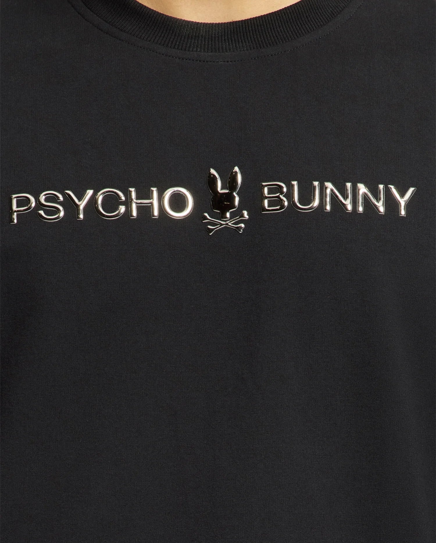 Close-up of the MENS LAVETA FRENCH TERRY SWEATSHIRT - B6S159E200 in black, featuring "PSYCHO BUNNY" in metallic silver with a small bunny logo and ears between the words.