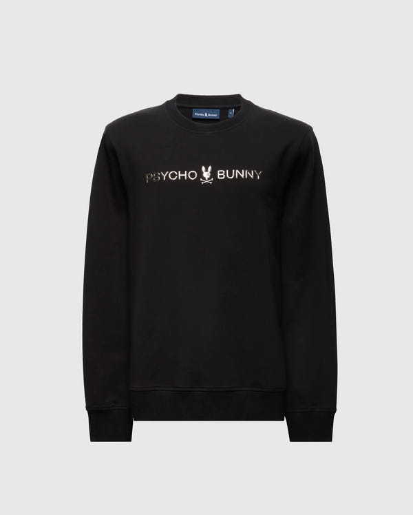 The MENS LAVETA FRENCH TERRY SWEATSHIRT by Psycho Bunny features a trendy black crew style with "Psycho Bunny" and a subtle bunny skull logo at the center. Crafted from comfortable cotton, it showcases a minimalist design that pops against a plain background.