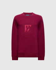 This high-quality maroon "Mens Oak City Crew Neck - B6S274E200" by Psycho Bunny showcases a rectangular graphic with a stylized rabbit logo in the center, highlighted by raised embroidery for added texture and an enhanced style.