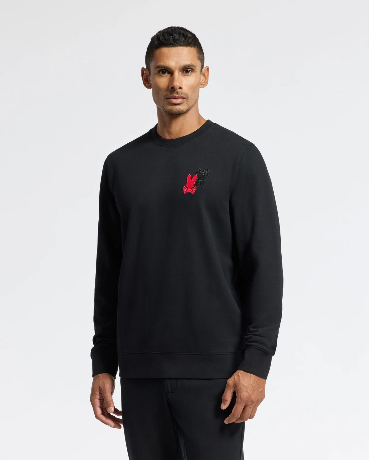 A man wearing the Psycho Bunny MENS PIERCE PEACHED TERRY CREW - B6S278E200, which features an embroidered small red graphic on the chest, stands against a plain background. His hands are relaxed by his sides, and he has short dark hair.