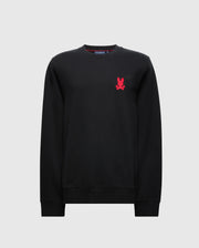 Introducing the Psycho Bunny MENS PIERCE PEACHED TERRY CREW - B6S278E200, a stylish black crewneck sweatshirt made from premium cotton. It features a small, vibrant red embroidered logo of a seated bunny on the left chest. The plain light gray background makes this embroidered cotton crew an essential addition to any fashionable wardrobe.