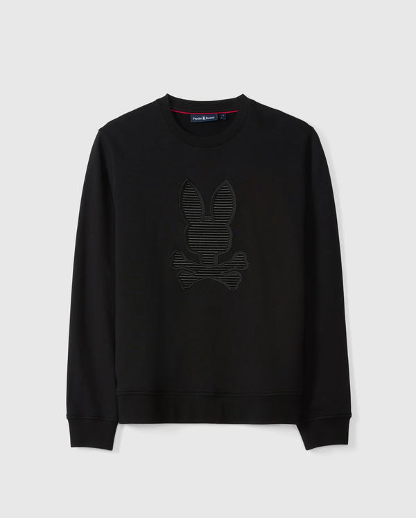 The Psycho Bunny Men's Kingston Sweatshirt (B6S480D200) is crafted from lush cotton jersey in black and showcases a striking 3D-embroidered rabbit head with crossed bones on the front. Complete with long sleeves and a crew neckline, the design stands out against its plain background.