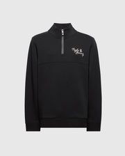 The Psycho Bunny MENS DESERT 1/4 MOCK ZIP - B6S488F200 is a black quarter-zip pullover with an embroidered wordmark logo and zip-up collar. Made from 100% cotton, its soft, casual fabric ensures comfort. It features a plain light gray background.