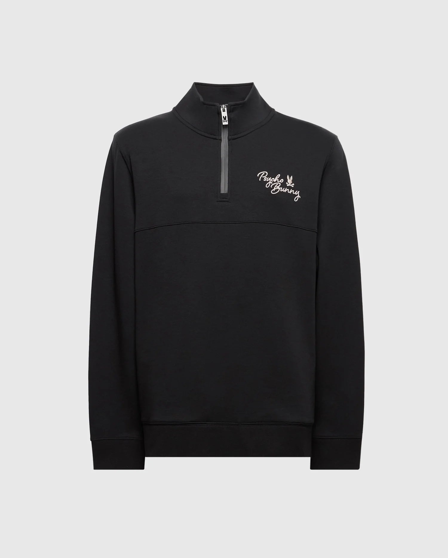 The Psycho Bunny MENS DESERT 1/4 MOCK ZIP - B6S488F200 is a black quarter-zip pullover with an embroidered wordmark logo and zip-up collar. Made from 100% cotton, its soft, casual fabric ensures comfort. It features a plain light gray background.