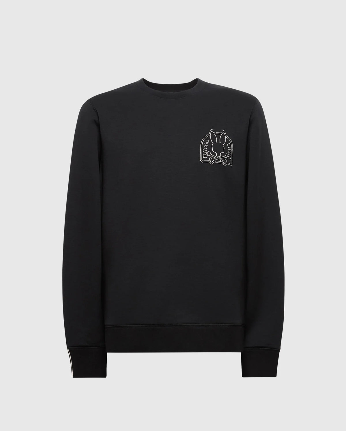 The Psycho Bunny Men's Melbourne Classic Crewneck Sweatshirt (B6S561F200) is a black Modal blend piece with ribbed cuffs and hem, featuring a small white embroidered cat on the left chest. Set against a light grey background, it combines style and comfort.