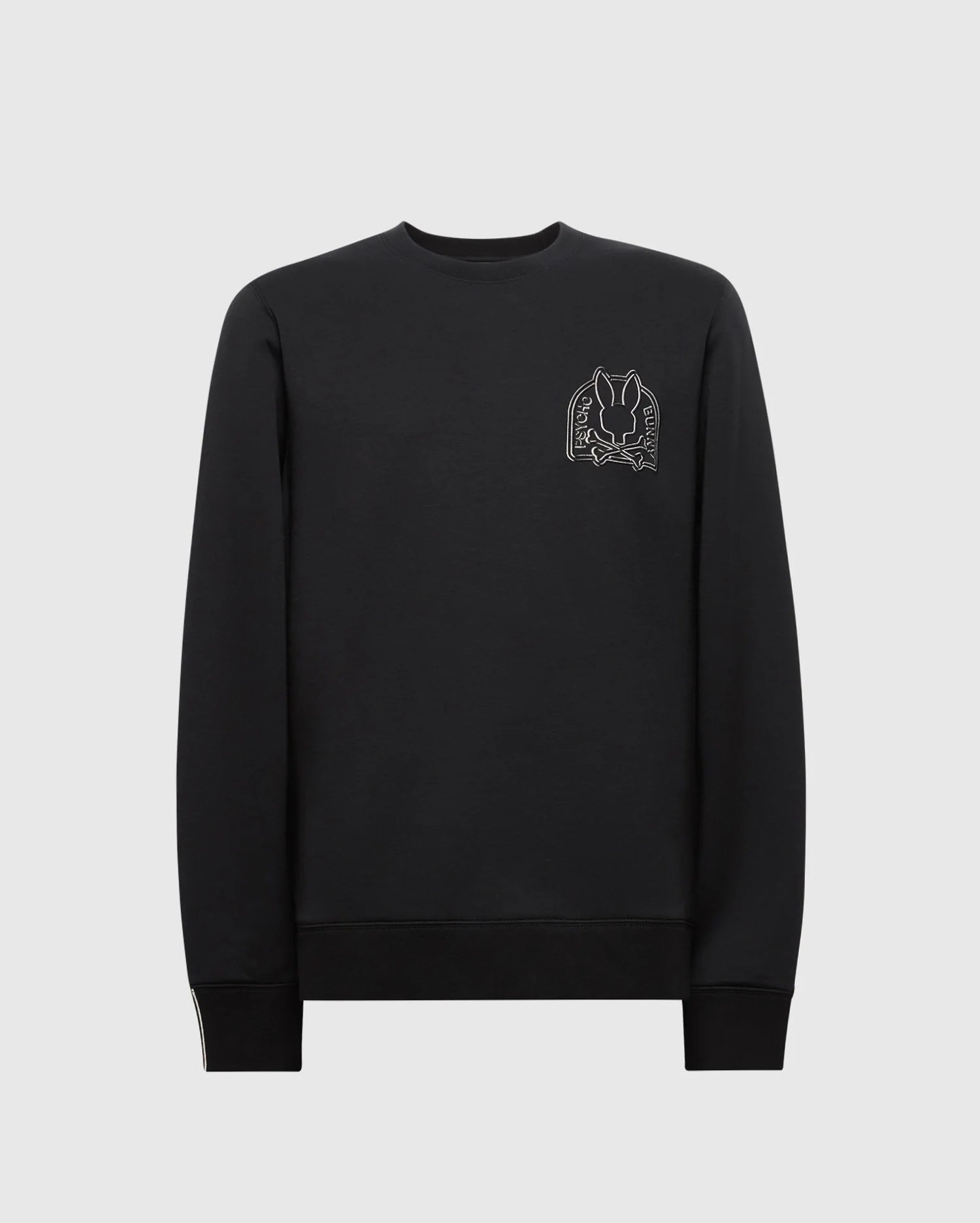 The Psycho Bunny Men's Melbourne Classic Crewneck Sweatshirt (B6S561F200) is a black Modal blend piece with ribbed cuffs and hem, featuring a small white embroidered cat on the left chest. Set against a light grey background, it combines style and comfort.