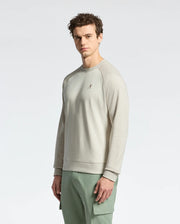A man in a Psycho Bunny MENS ARCHIE MELANGE COLOR BLOCK SWEATSHIRT and light green cargo pants stands against a plain white background.