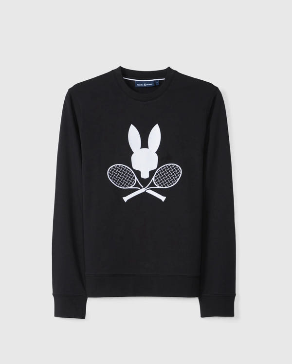 The MENS COURTSIDE SWEATSHIRT - B6S688C200 by Psycho Bunny is made from breathable cotton-blend fabric and showcases a sleek black design with a stylized bunny head above two crossed tennis rackets, adding a tennis-inspired touch.