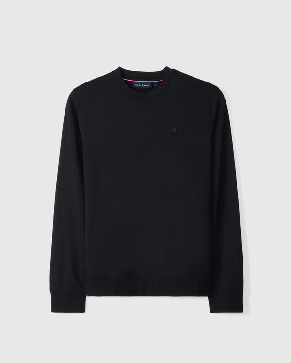 The Psycho Bunny MENS DUKE EMBROIDERED SWEATSHIRT - B6S706D200 is a black luxury pullover featuring a long-sleeve crew neck design with subtle ribbed cuffs and hem. Displayed against a plain white background, it boasts a small Duke embroidered logo on the left chest, adding to its understated elegance.