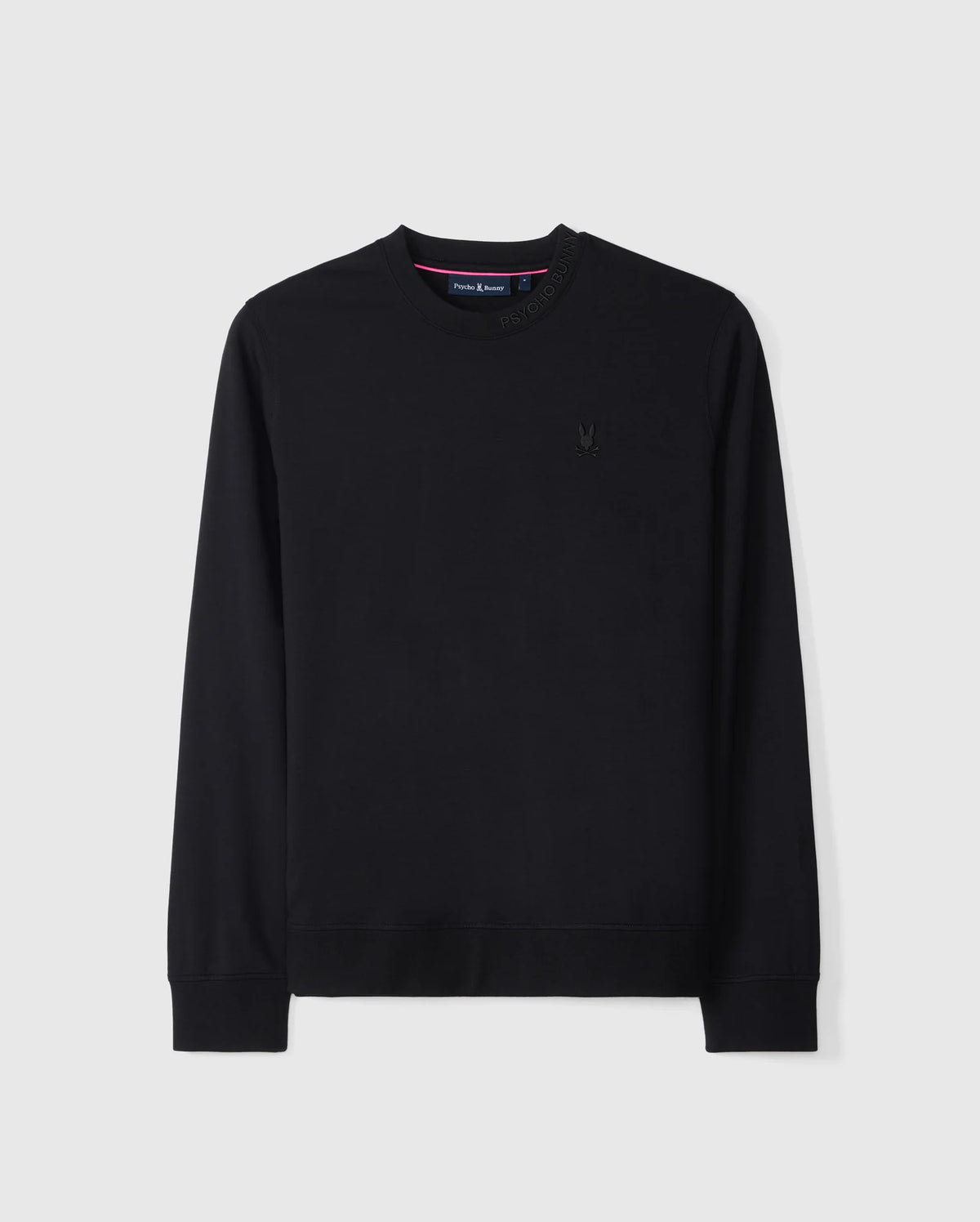 The Psycho Bunny MENS DUKE EMBROIDERED SWEATSHIRT - B6S706D200 is a black luxury pullover featuring a long-sleeve crew neck design with subtle ribbed cuffs and hem. Displayed against a plain white background, it boasts a small Duke embroidered logo on the left chest, adding to its understated elegance.