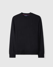 The Psycho Bunny MENS DUKE EMBROIDERED SWEATSHIRT - B6S706D200 is a black luxury pullover featuring a long-sleeve crew neck design with subtle ribbed cuffs and hem. Displayed against a plain white background, it boasts a small Duke embroidered logo on the left chest, adding to its understated elegance.