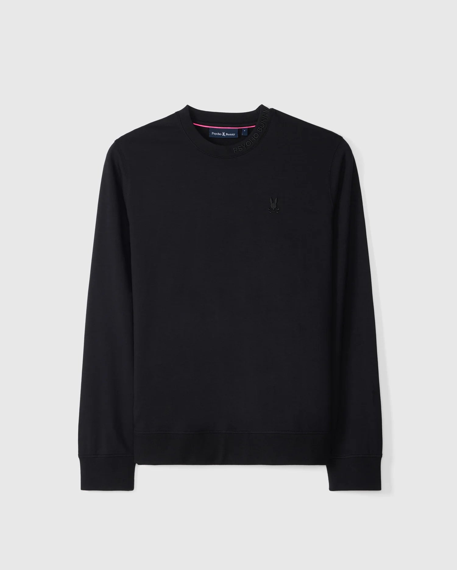 The Psycho Bunny MENS DUKE EMBROIDERED SWEATSHIRT - B6S706D200 is a black luxury pullover featuring a long-sleeve crew neck design with subtle ribbed cuffs and hem. Displayed against a plain white background, it boasts a small Duke embroidered logo on the left chest, adding to its understated elegance.
