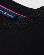 Close-up of a black Psycho Bunny Men's Duke Embroidered Sweatshirt, made from a soft cotton-blend, featuring the logo around the neckline. The visible collar tag displays the brand name with a pink stripe, enhancing its luxurious pullover appeal.