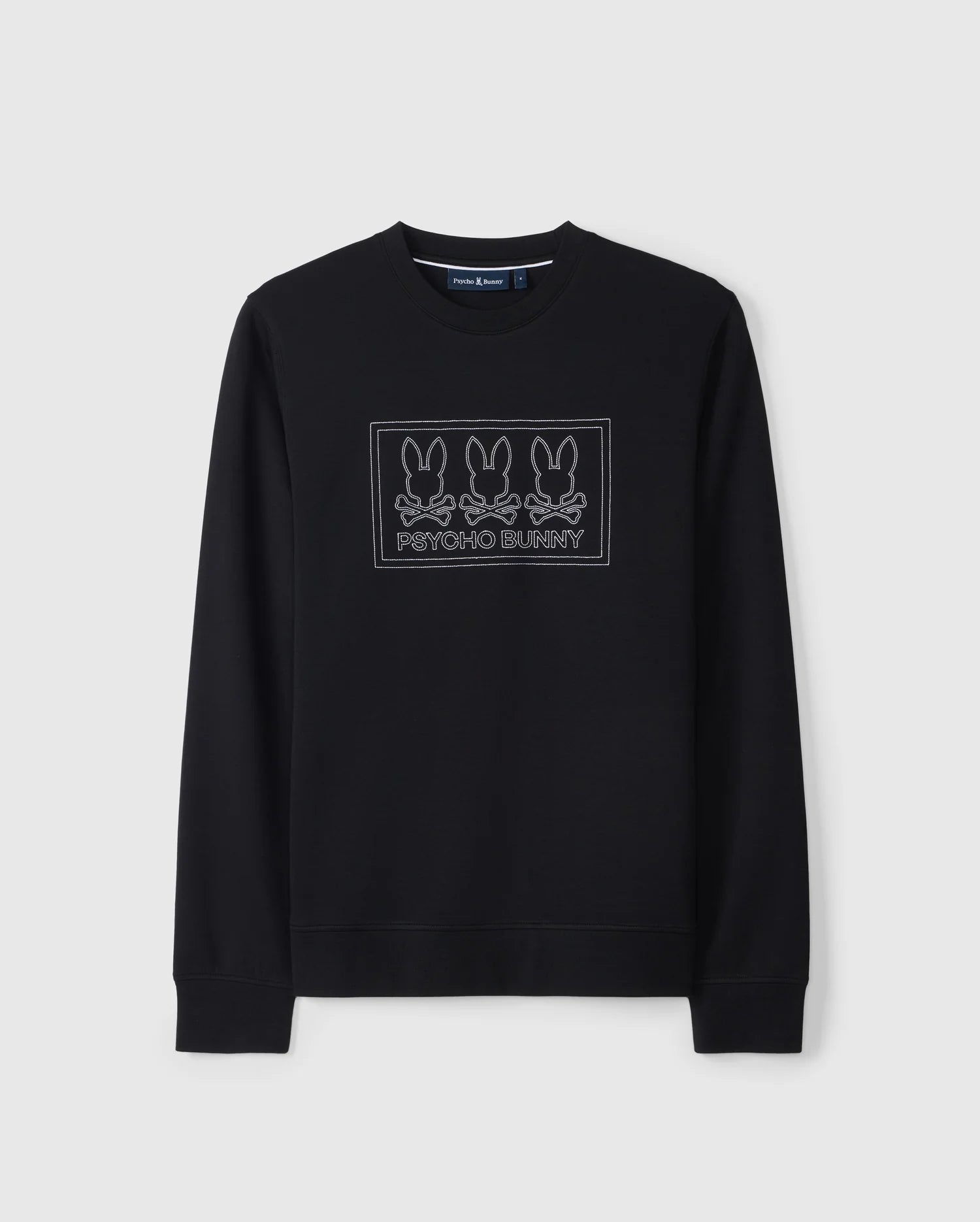 The MENS TACOMA MODAL SWEATSHIRT - B6S927D200 by Psycho Bunny features three outlined bunny logos and the text "Psycho Bunny" on the front, crafted from premium modal fabric for luxurious comfort.