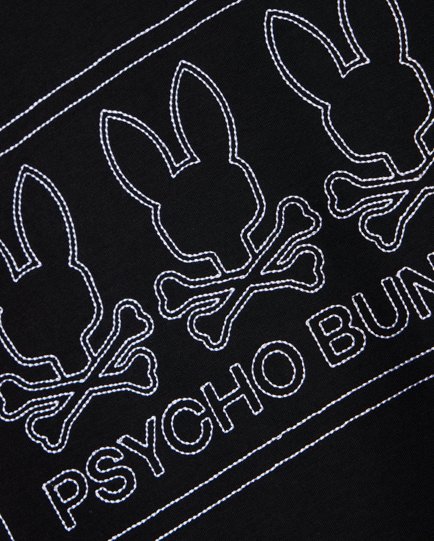 This MENS TACOMA MODAL SWEATSHIRT - B6S927D200 by Psycho Bunny is crafted from premium modal fabric and showcases a striking black design. It features three white embroidered bunny skull motifs with crossbones, along with the "PSYCHO BUNNY" name stitched in white beneath, providing luxurious comfort and a unique style.