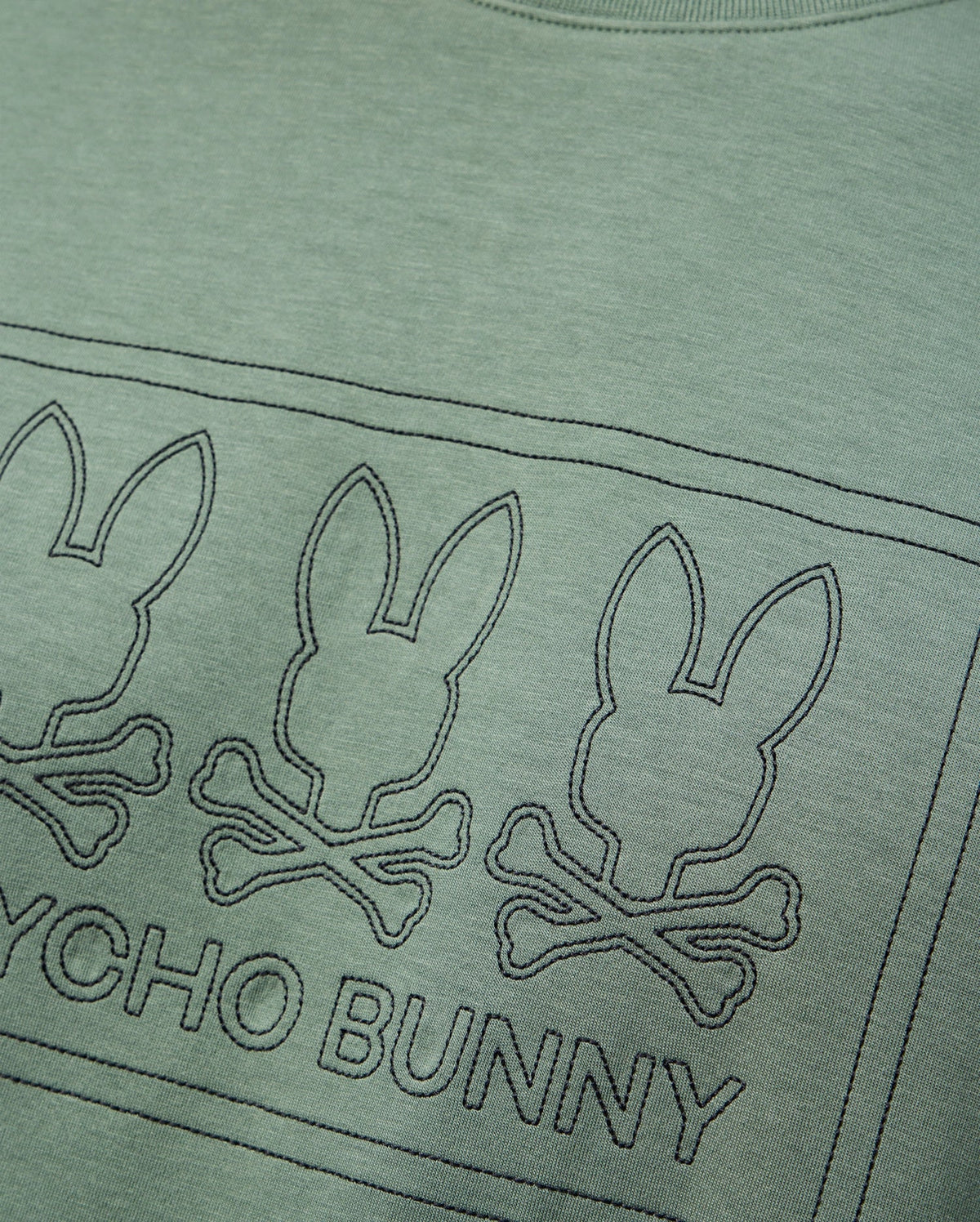 The MENS TACOMA SWEATSHIRT - B6S927D200 by Psycho Bunny showcases a stitched design of three rabbit heads over crossbones, enclosed within rectangles, on green fabric. Made from premium stretch material, it ensures luxurious comfort. Below the design is the text "PSYCHO BUNNY.