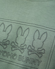 The MENS TACOMA SWEATSHIRT - B6S927D200 by Psycho Bunny showcases a stitched design of three rabbit heads over crossbones, enclosed within rectangles, on green fabric. Made from premium stretch material, it ensures luxurious comfort. Below the design is the text "PSYCHO BUNNY.