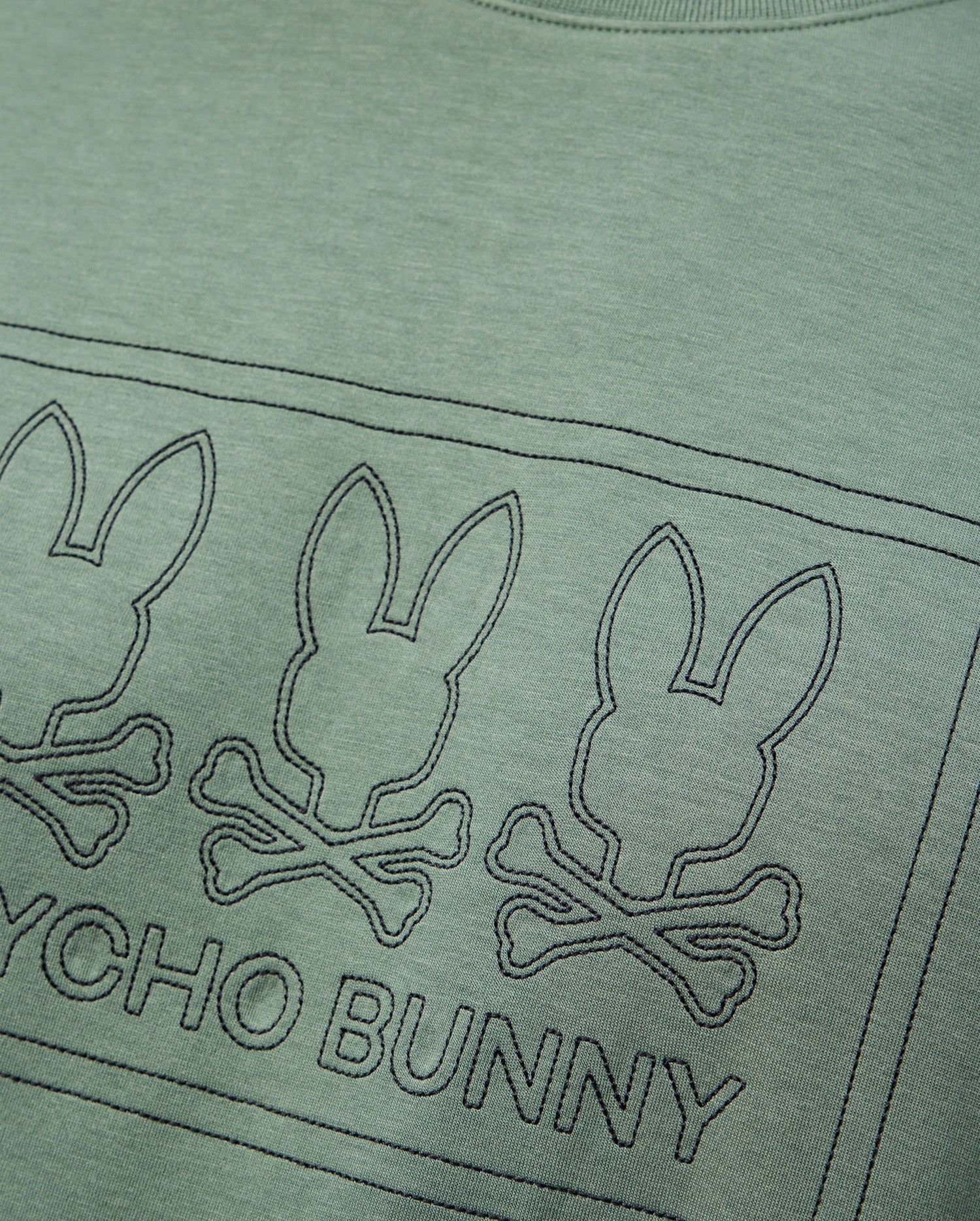 The MENS TACOMA SWEATSHIRT - B6S927D200 by Psycho Bunny showcases a stitched design of three rabbit heads over crossbones, enclosed within rectangles, on green fabric. Made from premium stretch material, it ensures luxurious comfort. Below the design is the text "PSYCHO BUNNY.