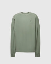 The Psycho Bunny Men's Taylor Pique Long Sleeve Tee (B6T580F200) in light green features a crew neck, piqué knit, and ribbed cuffs. It boasts a small contrasting embroidered logo on the chest for stylish comfort.