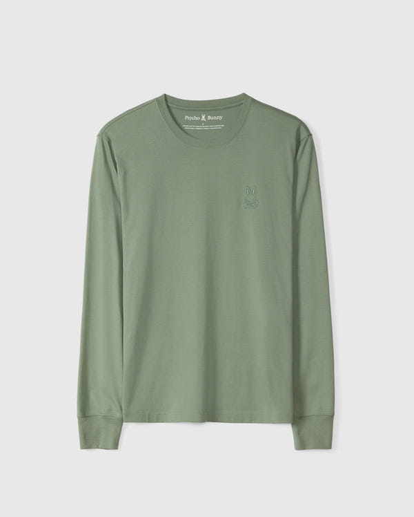Introducing the MENS ALBERTON LONG SLEEVE TEE - B6T867D200 by Psycho Bunny: a regular fit, sage green crew neck featuring long sleeves and crafted from soft Pima cotton, complete with a subtle embroidered logo on the chest. This casual design makes it ideal for everyday wear.