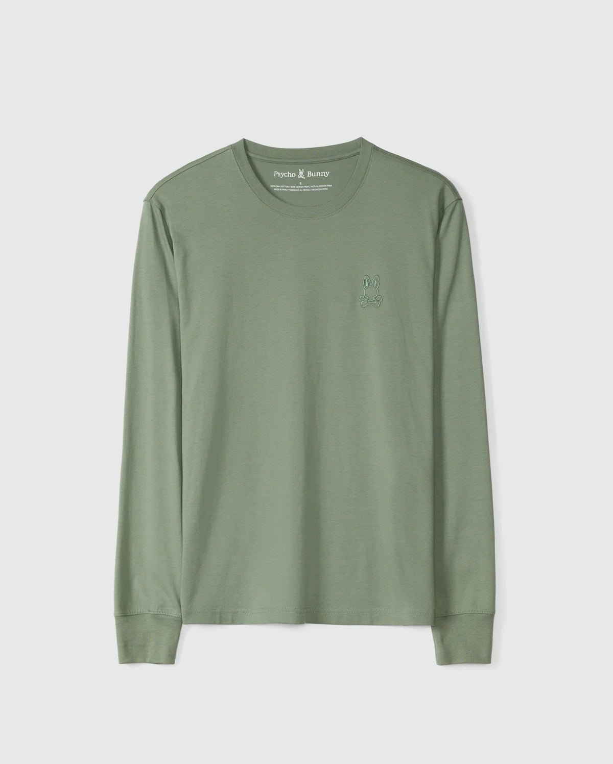 Introducing the MENS ALBERTON LONG SLEEVE TEE - B6T867D200 by Psycho Bunny: a regular fit, sage green crew neck featuring long sleeves and crafted from soft Pima cotton, complete with a subtle embroidered logo on the chest. This casual design makes it ideal for everyday wear.