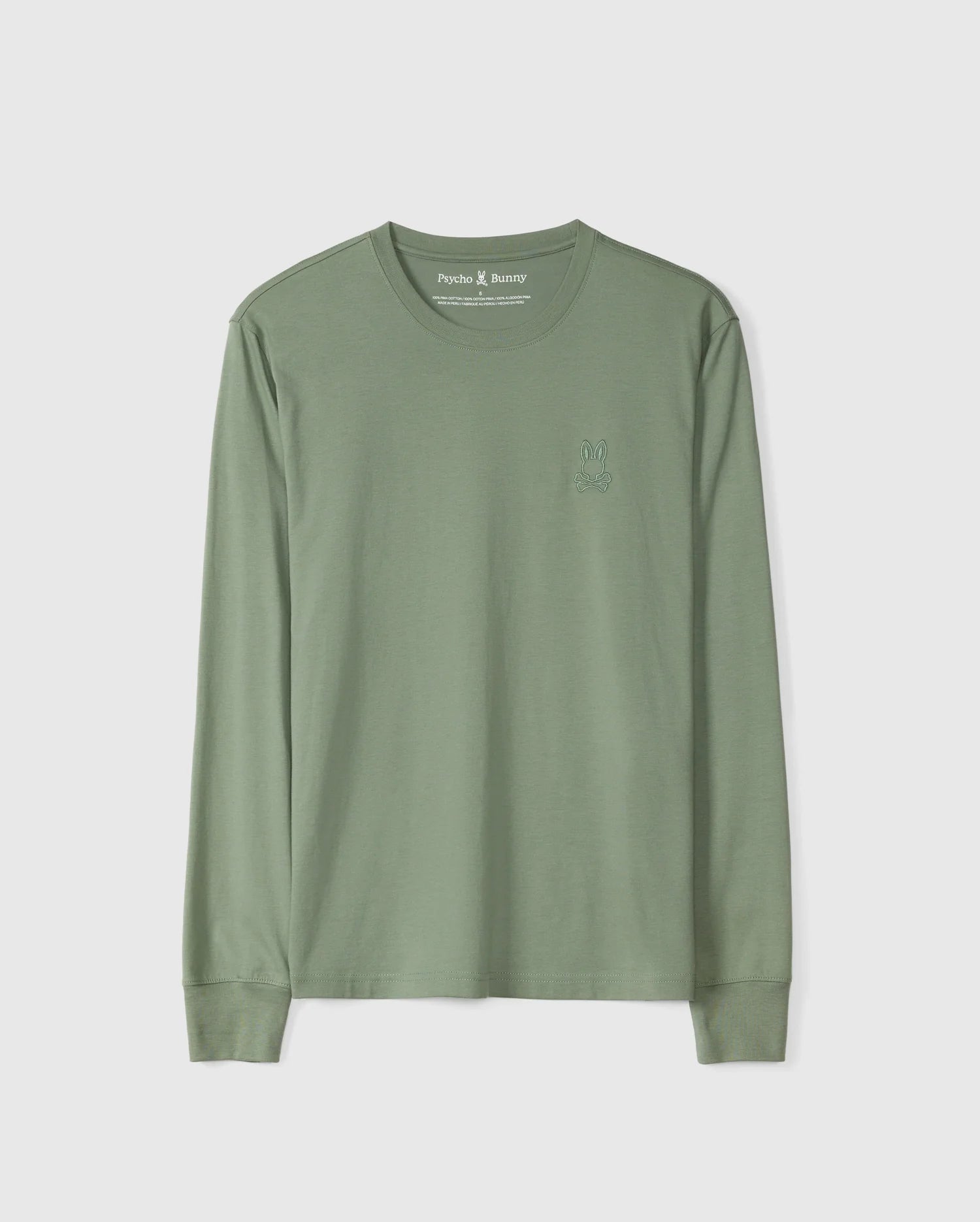 Introducing the MENS ALBERTON LONG SLEEVE TEE - B6T867D200 by Psycho Bunny: a regular fit, sage green crew neck featuring long sleeves and crafted from soft Pima cotton, complete with a subtle embroidered logo on the chest. This casual design makes it ideal for everyday wear.