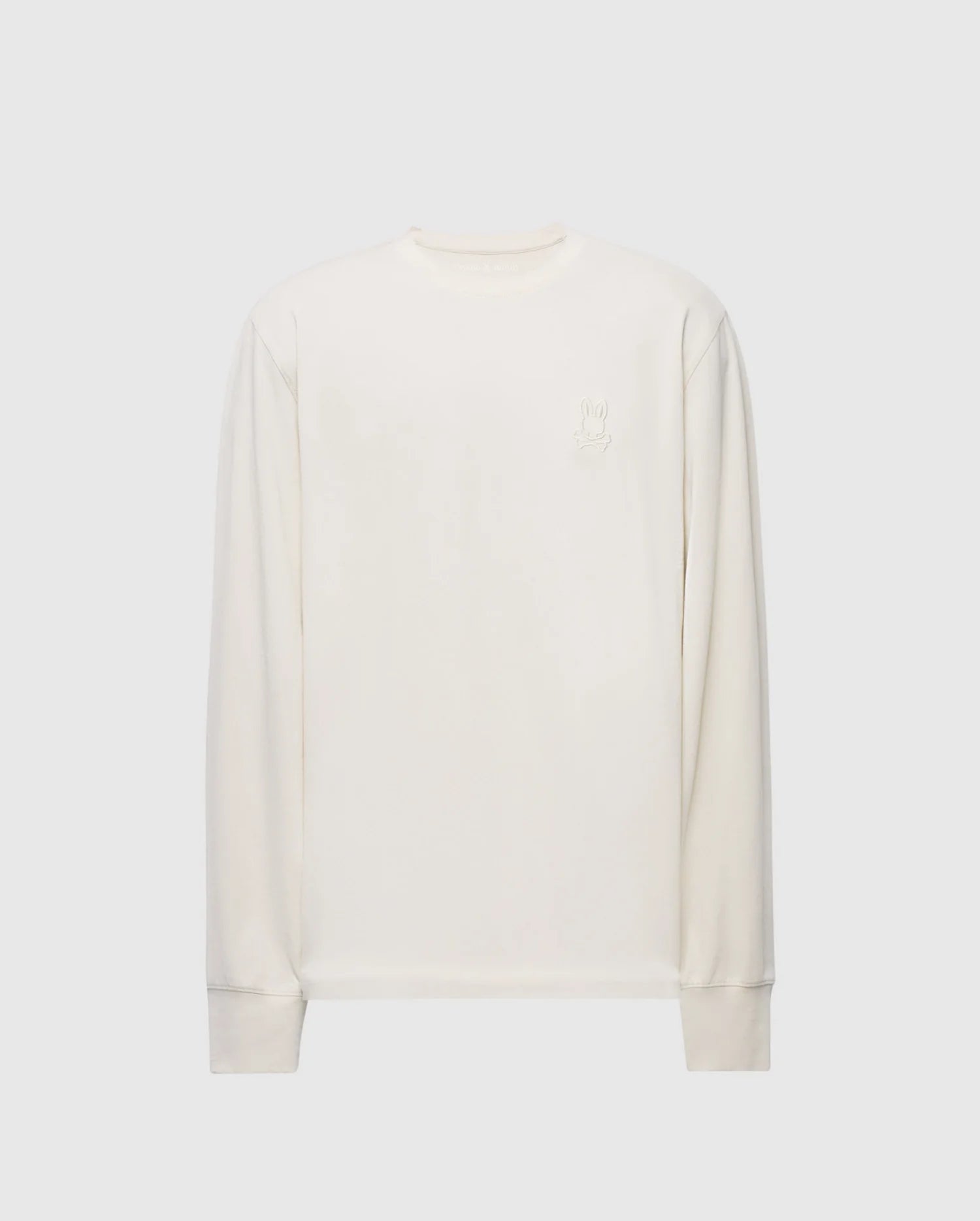 The Psycho Bunny Mens Alberton Long Sleeve Tee - B6T867D200 is crafted from soft Pima cotton in off-white, featuring a round neckline and a small embroidered hand symbol on the left chest. Ideal for layering.