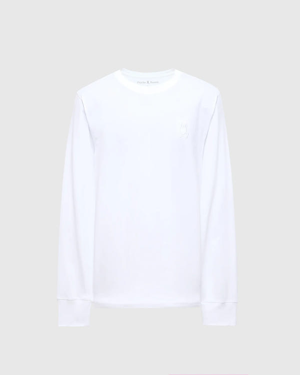 The Psycho Bunny MENS ALBERTON LONG SLEEVE TEE - B6T867E200 is showcased against a light gray background. This Pima Cotton casual men's top comes in plain white and boasts a round neckline with subtle stitching details on the collar and cuffs, providing both comfort and style for any occasion.