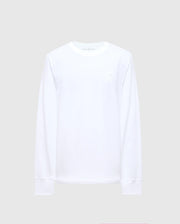 The Psycho Bunny MENS ALBERTON LONG SLEEVE TEE - B6T867E200 is showcased against a light gray background. This Pima Cotton casual men's top comes in plain white and boasts a round neckline with subtle stitching details on the collar and cuffs, providing both comfort and style for any occasion.
