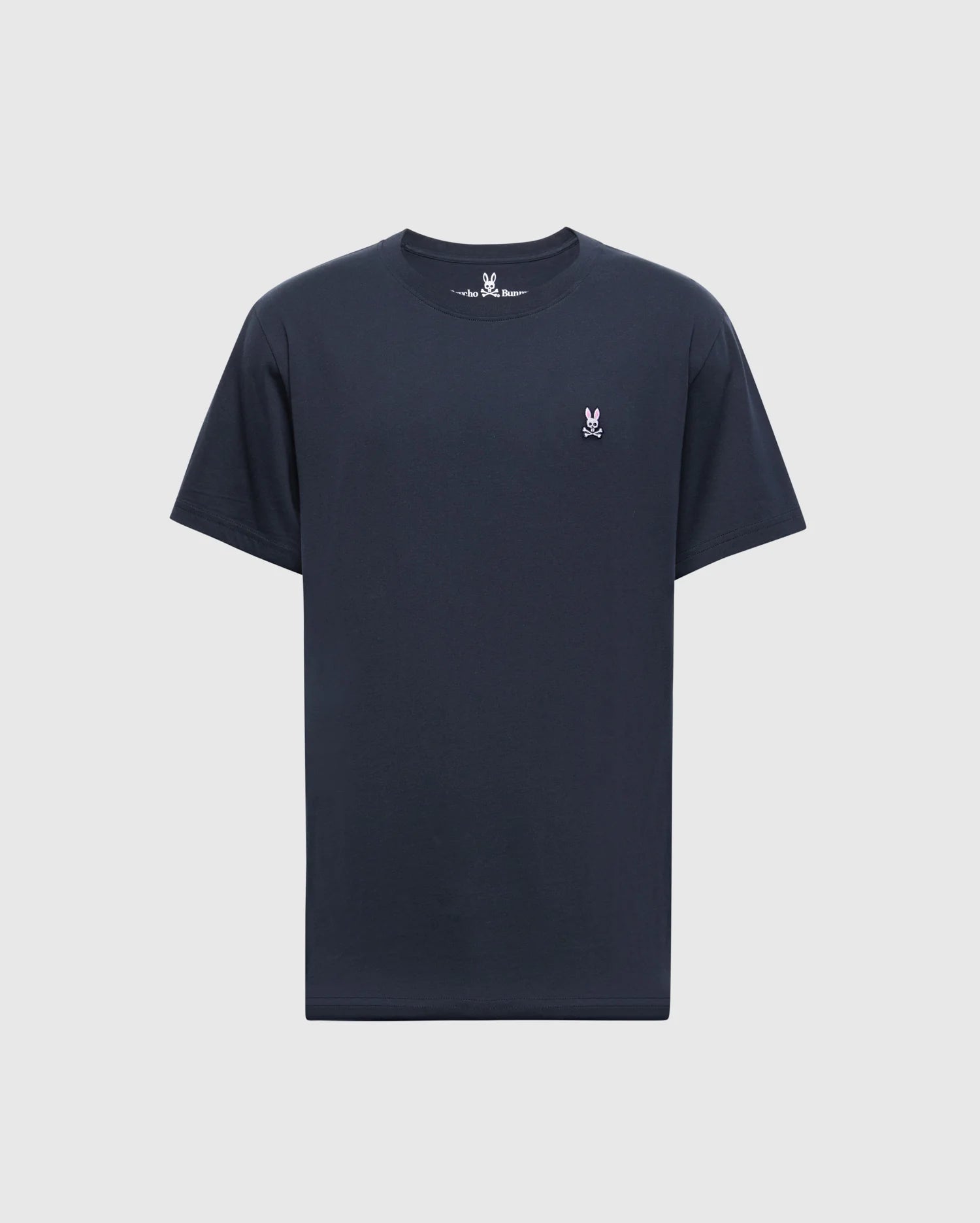 The Psycho Bunny Men's Classic Crew Neck Tee (B6U014CRPC) is a plain black T-shirt made from 100% Pima cotton. It features a small white embroidered rabbit logo on the left chest and has short sleeves, showcased on a white background for a timeless design.