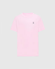 The light pink Men's Classic Crew Neck Tee (B6U014CRPC) by Psycho Bunny is crafted from soft pima cotton with a small embroidered peace sign hand symbol on the top left chest against a plain gray background, making it versatile and stylish for any casual occasion.