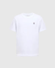 The MENS CLASSIC CREW NECK TEE - B6U014CRPC by Psycho Bunny is a versatile piece for any men's wardrobe, featuring a small embroidered bunny logo on the left chest, crafted from soft Pima cotton in plain white against a light grey background.