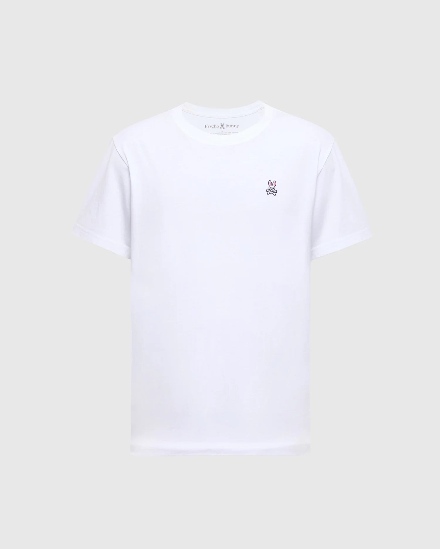 The MENS CLASSIC CREW NECK TEE - B6U014CRPC by Psycho Bunny is a versatile piece for any men's wardrobe, featuring a small embroidered bunny logo on the left chest, crafted from soft Pima cotton in plain white against a light grey background.