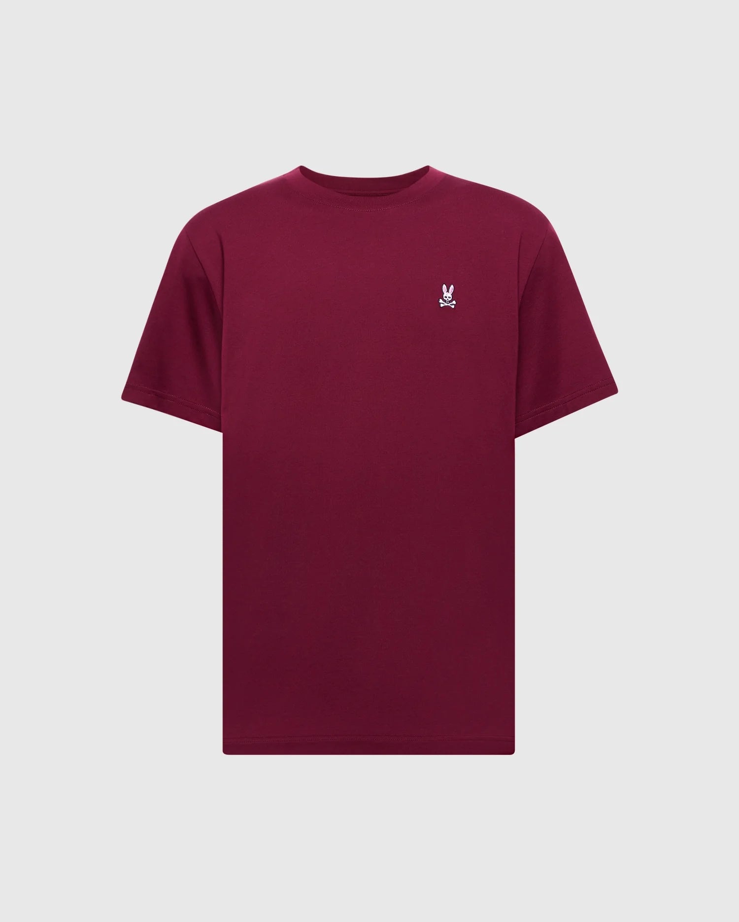 The Psycho Bunny Men's Classic Crew Neck Tee (B6U014Z1PC) in maroon is made from soft Pima cotton and adorned with a small embroidered rabbit logo on the upper left side against a plain light gray background.