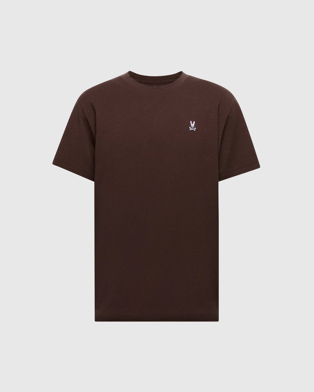 The Psycho Bunny Men's Classic Crew Neck Tee (B6U014B200) is crafted from soft Pima cotton jersey in a brown hue featuring a subtle white embroidered logo on the left chest, perfect for creating a striking contrast against a plain white background.