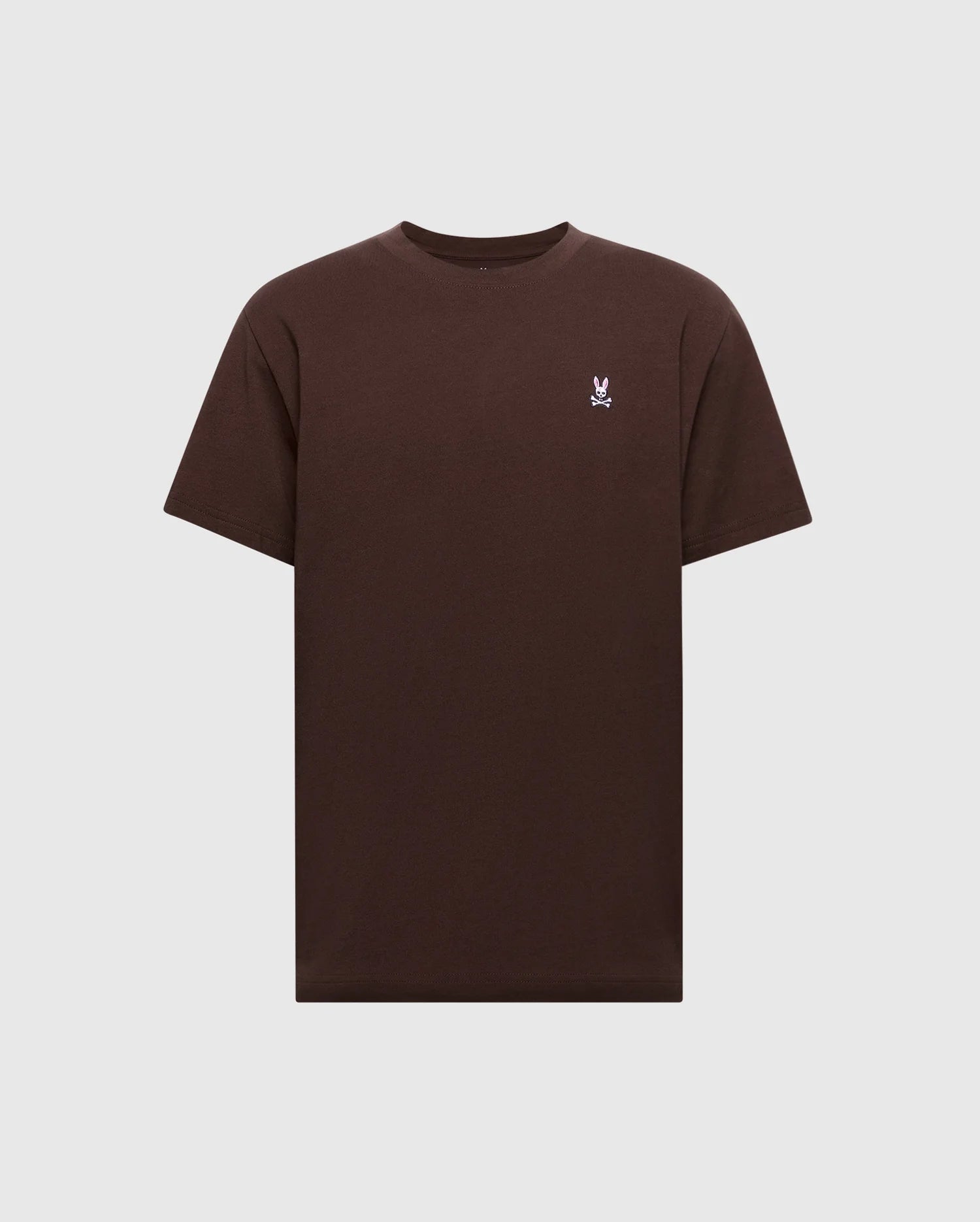 The Psycho Bunny Men's Classic Crew Neck Tee (B6U014B200) is crafted from soft Pima cotton jersey in a brown hue featuring a subtle white embroidered logo on the left chest, perfect for creating a striking contrast against a plain white background.